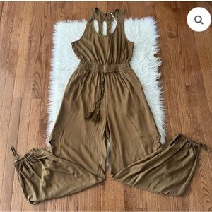 Free People Brown Tall linen blend Jumpsuit tie waist long cargo pants - Rare!!